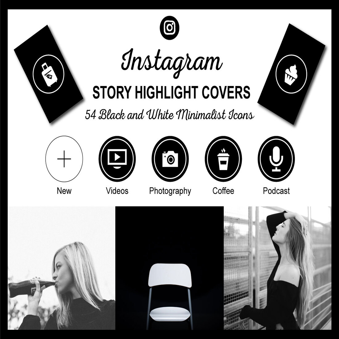 54 Black and White Minimalist Instagram Story Icons cover image.