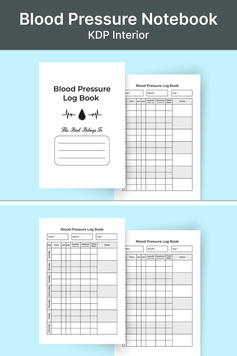 Blood Pressure Notebook KDP Interior - pinterest image preview.