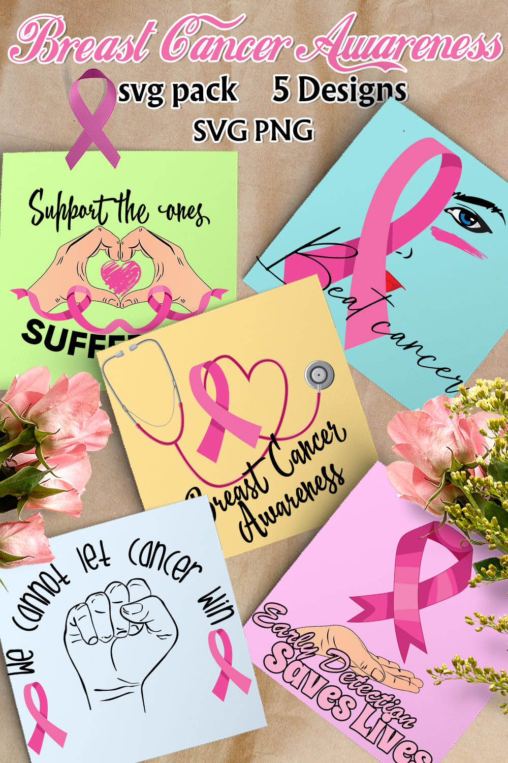 Colorful stickers with breast cancer illustrations.