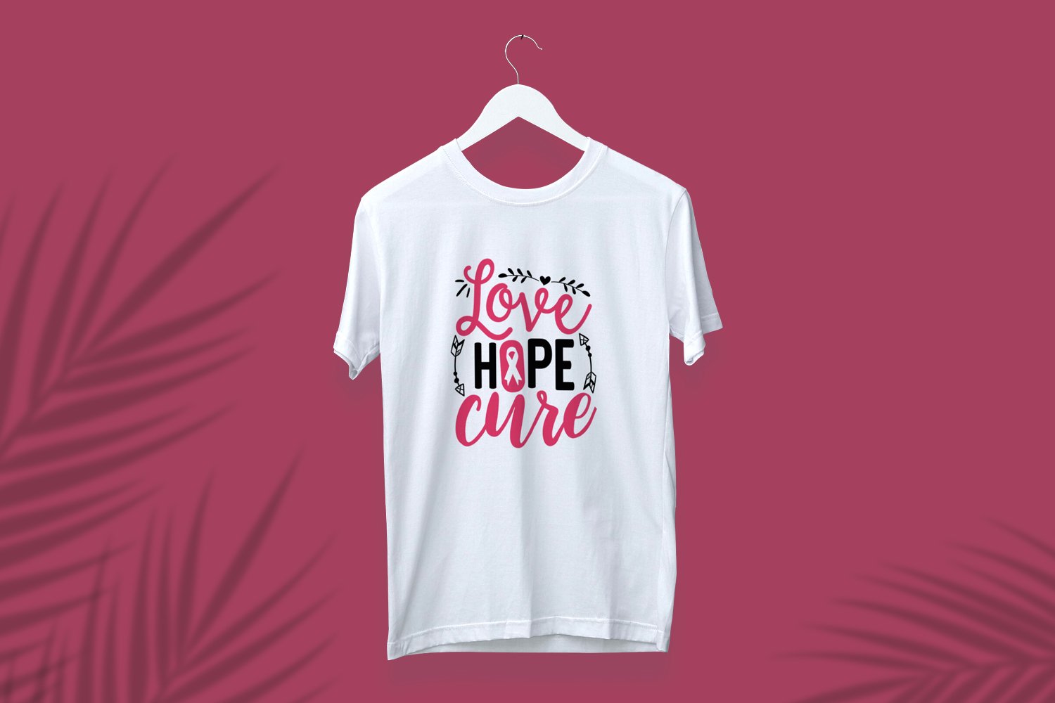Classic white t-shirt with breast cancer graphic.