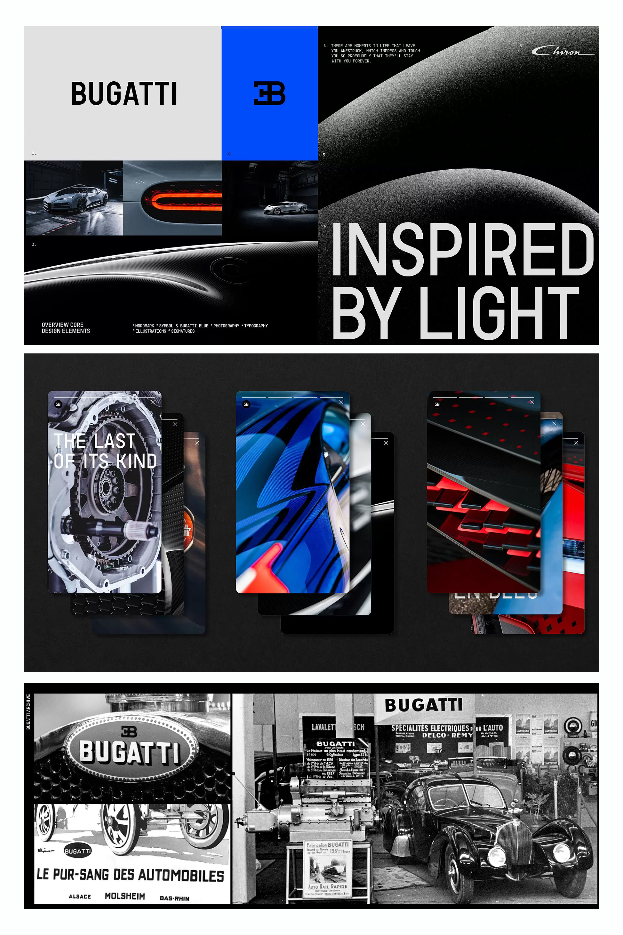 Image collage with photos of Bugatti cars.