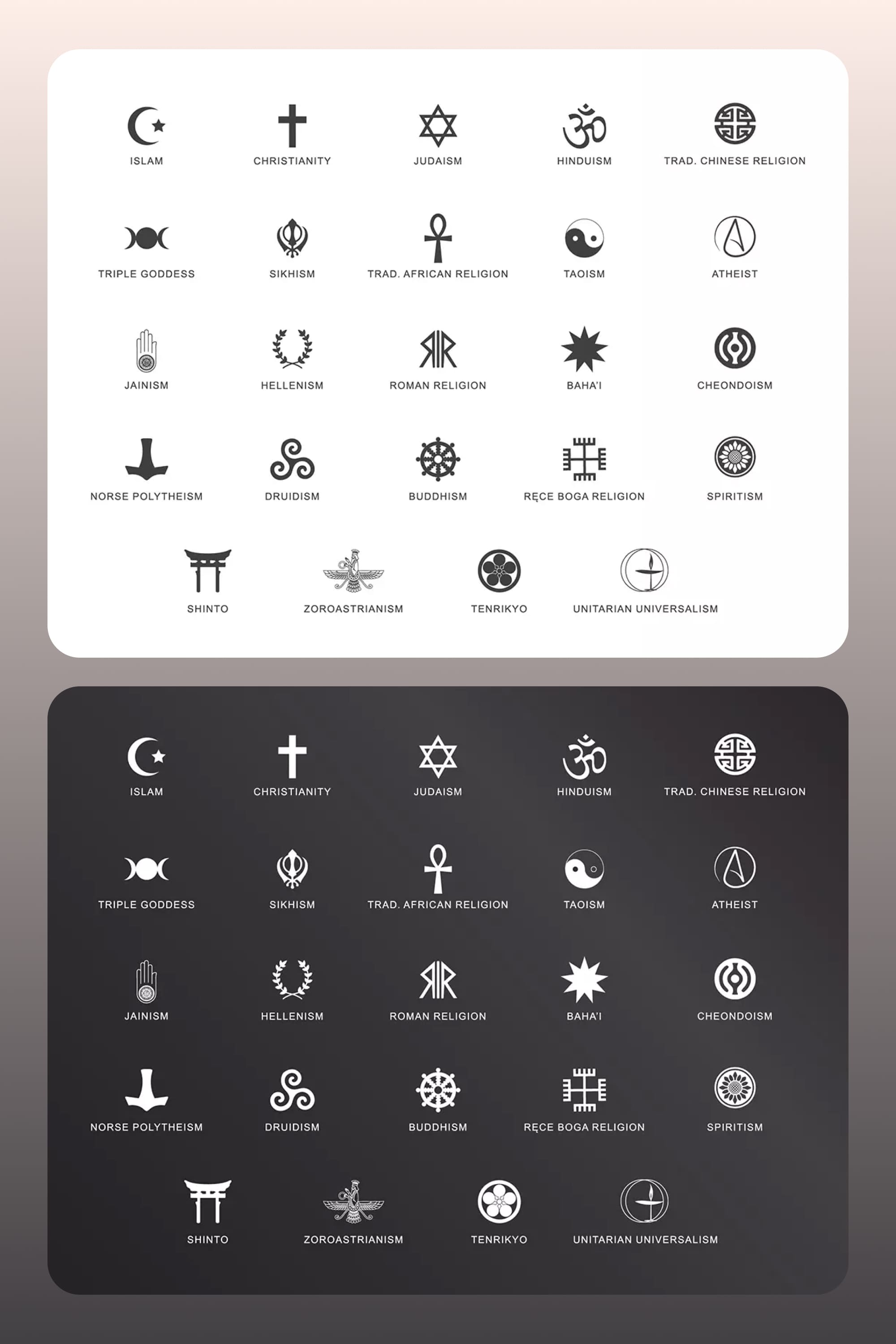 Black and white icons with symbols of religions on a white and black background