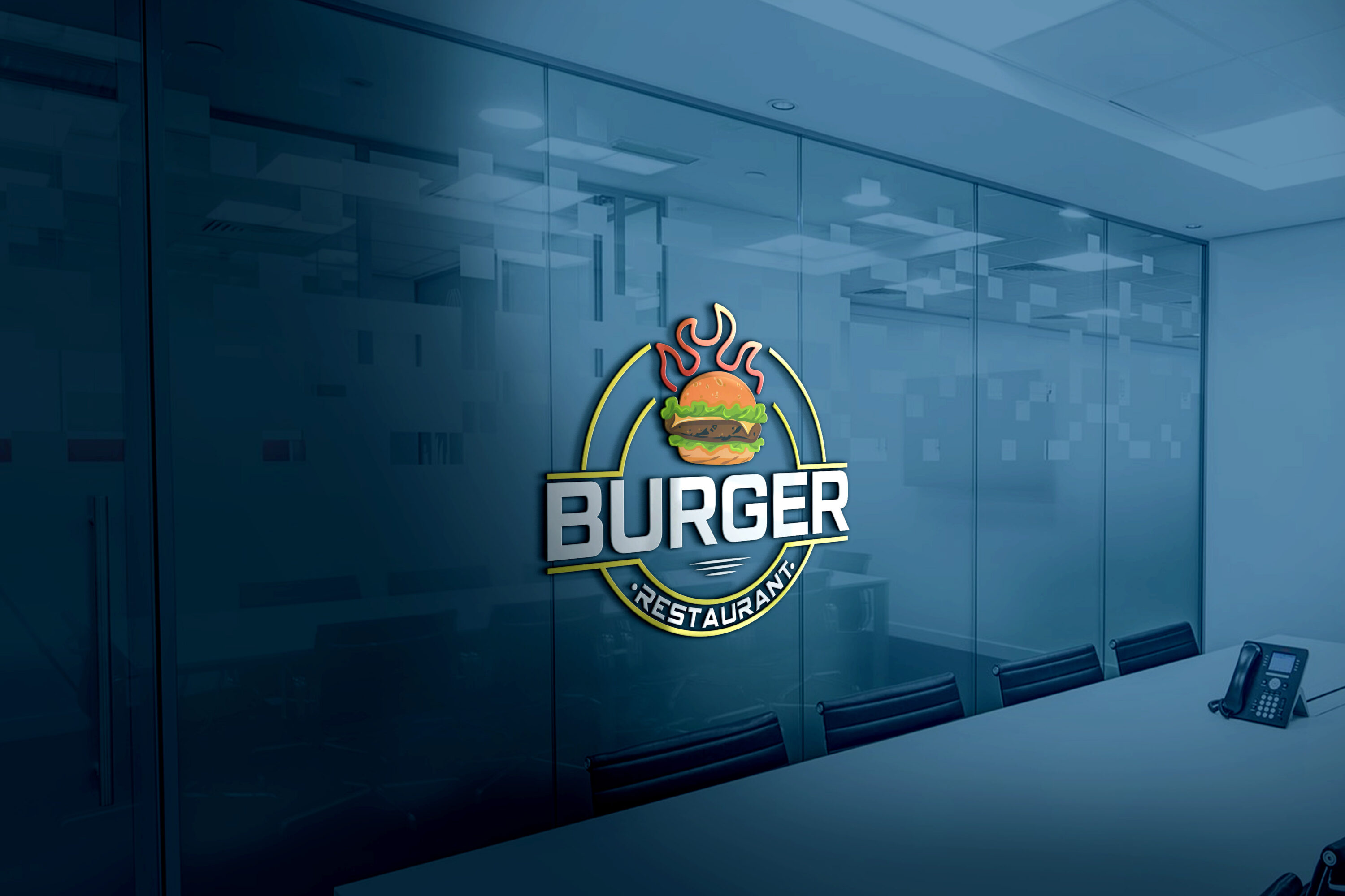 Restaurant Logo, burger on the blue wall.