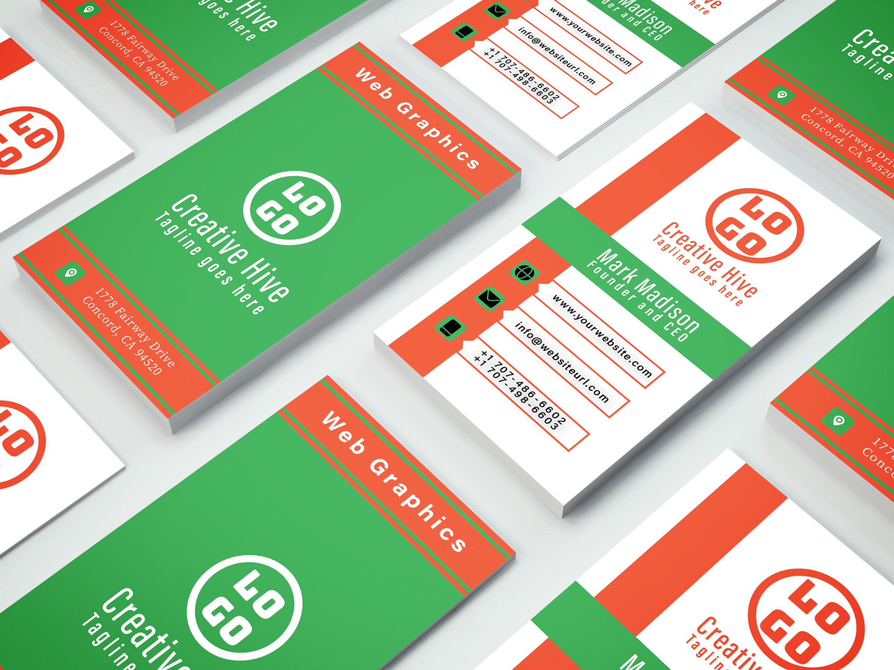 5 MINIMAL Business Cards Pack, green business card mockup.