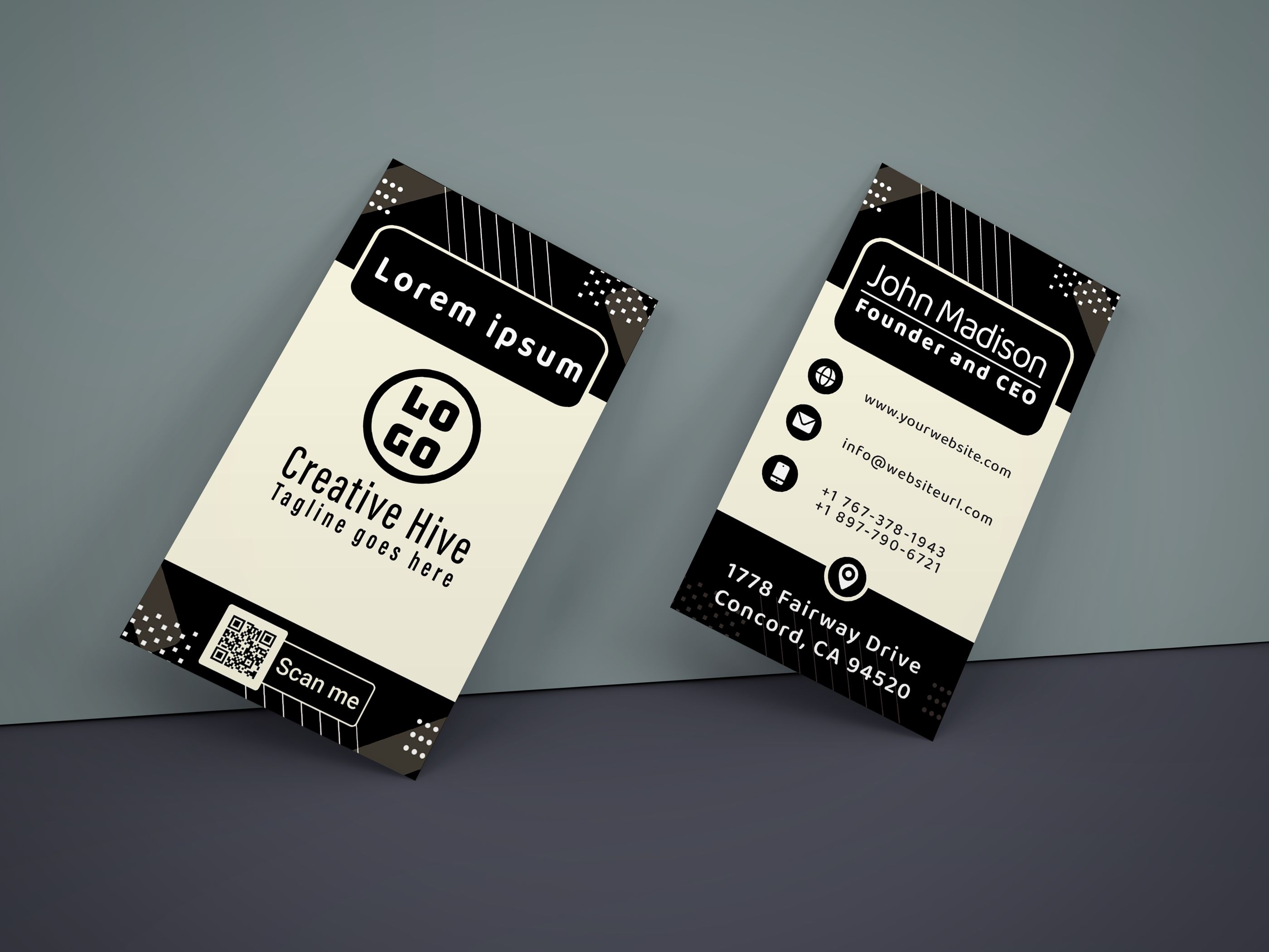 Minimal Business Card Template, black business cards on wall mockup.