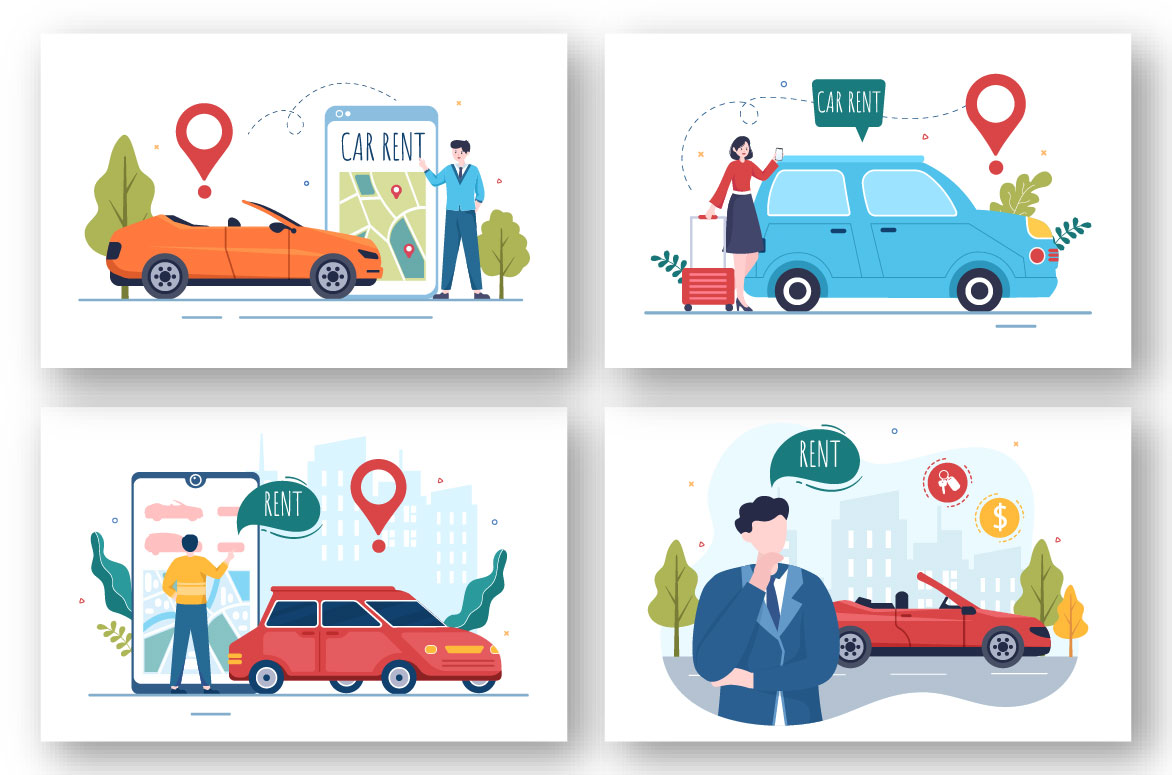 15 Car Rental Illustration with cars and clients.
