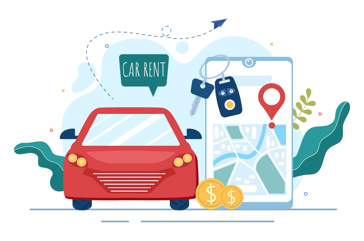 15 Car Rental Illustration, red car and mobile application.
