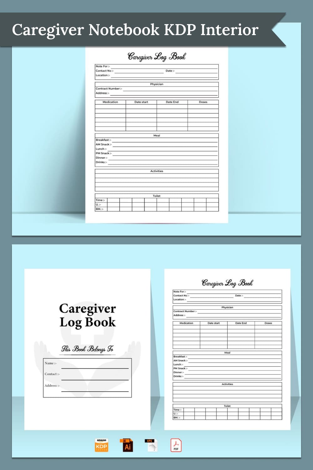 Caregiver notebook kdp interior - pinterest image preview.