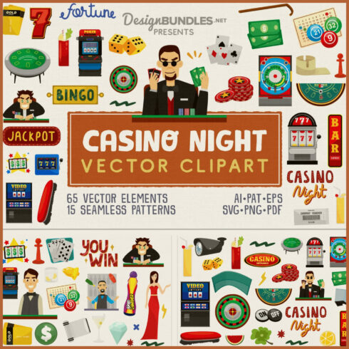 Casino night vector clipart and seamless pattern - main image preview.