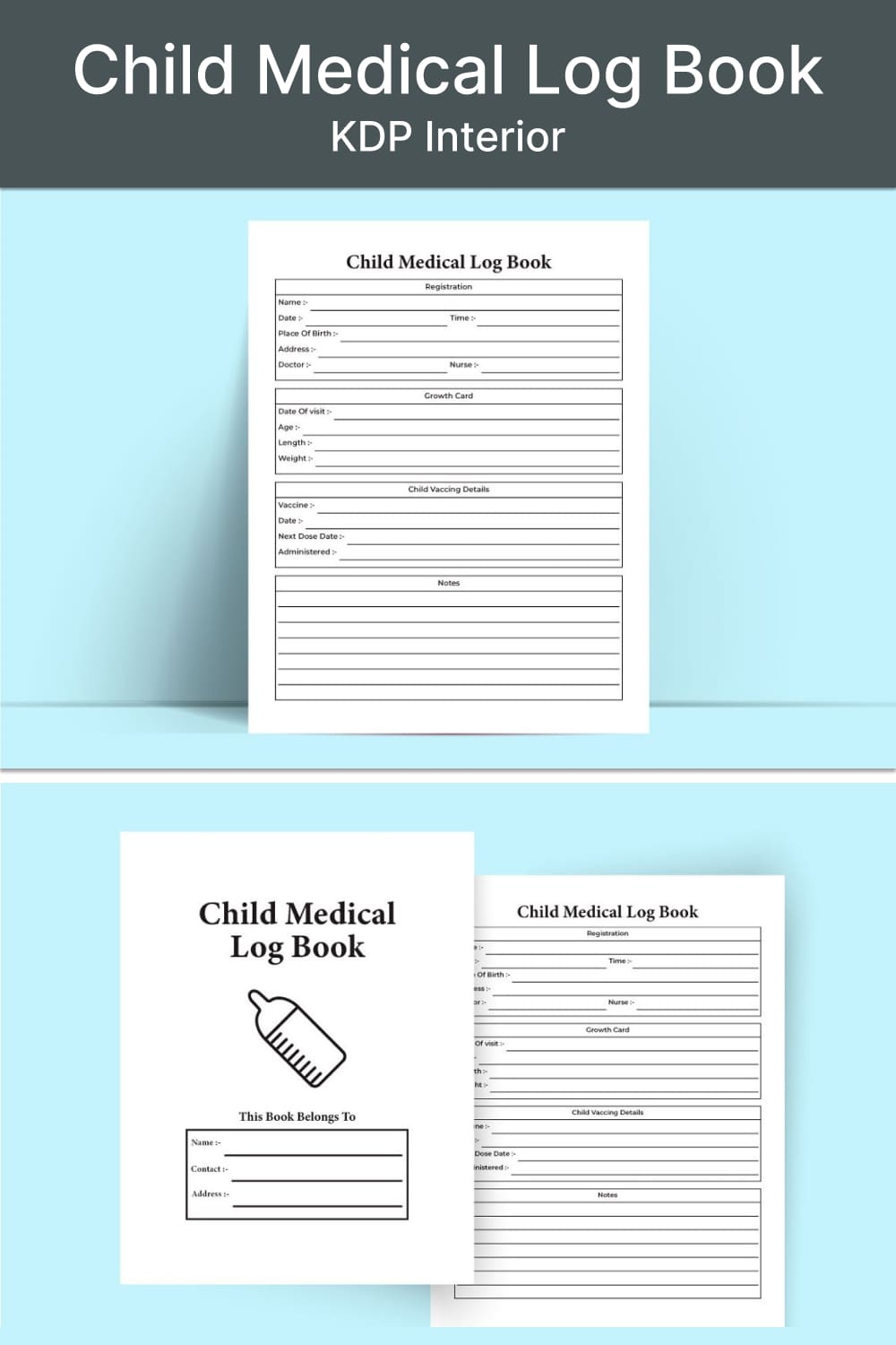 Child Medical Log Book KDP Interior - pinterest image preview.