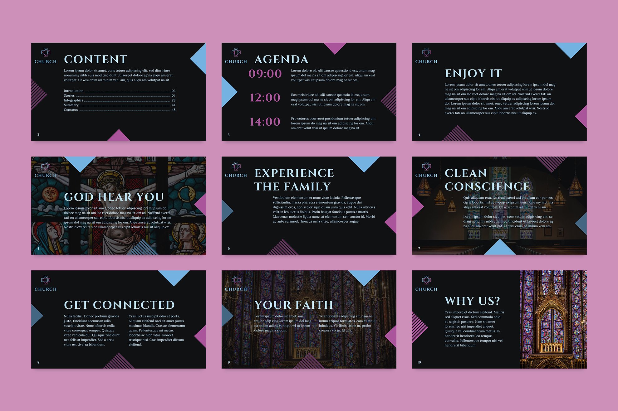 Big template with dark slides and pastel elements.