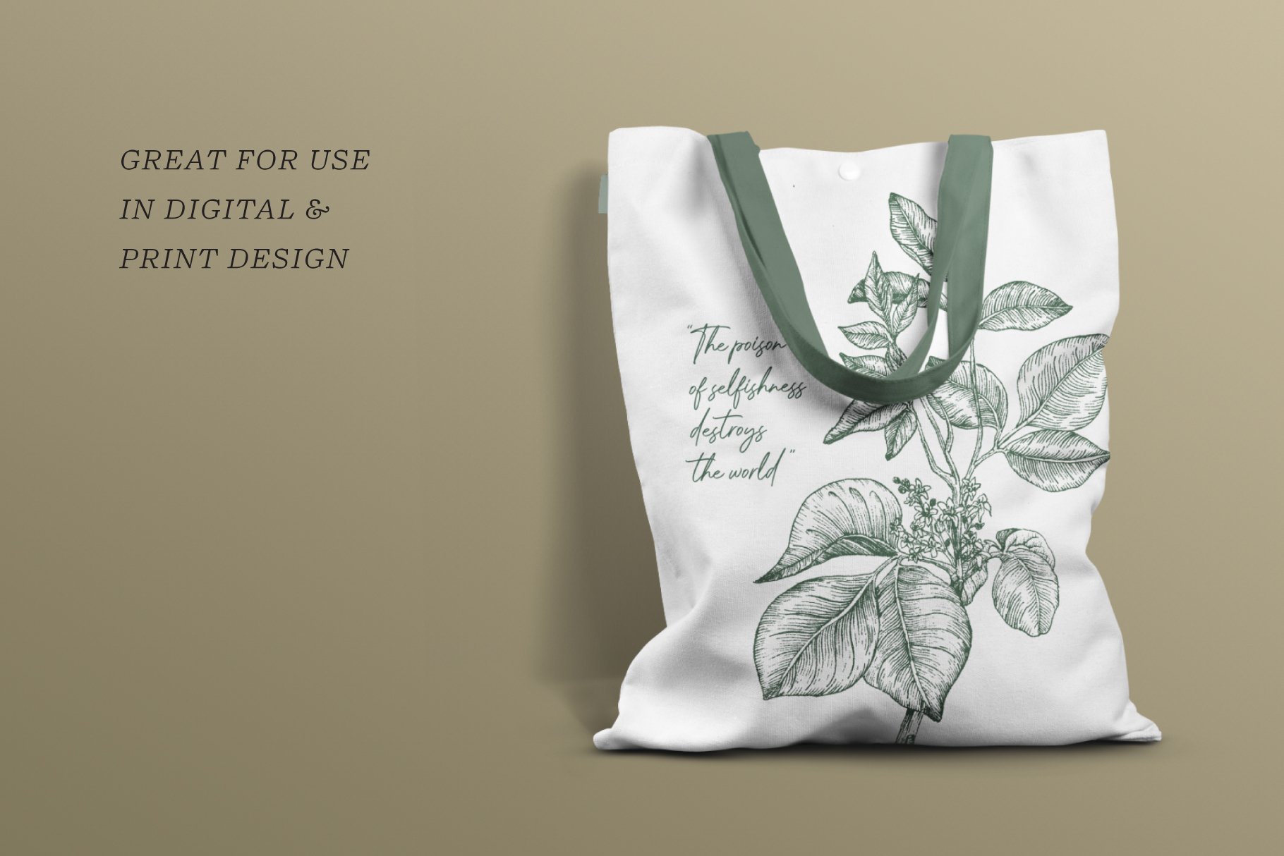 Olive background with white eco bag with delicate ivy leaves.