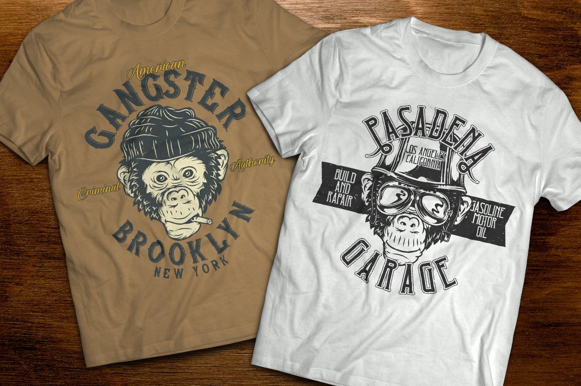 Two options of t-shirts with vintage monkeys illustrations.