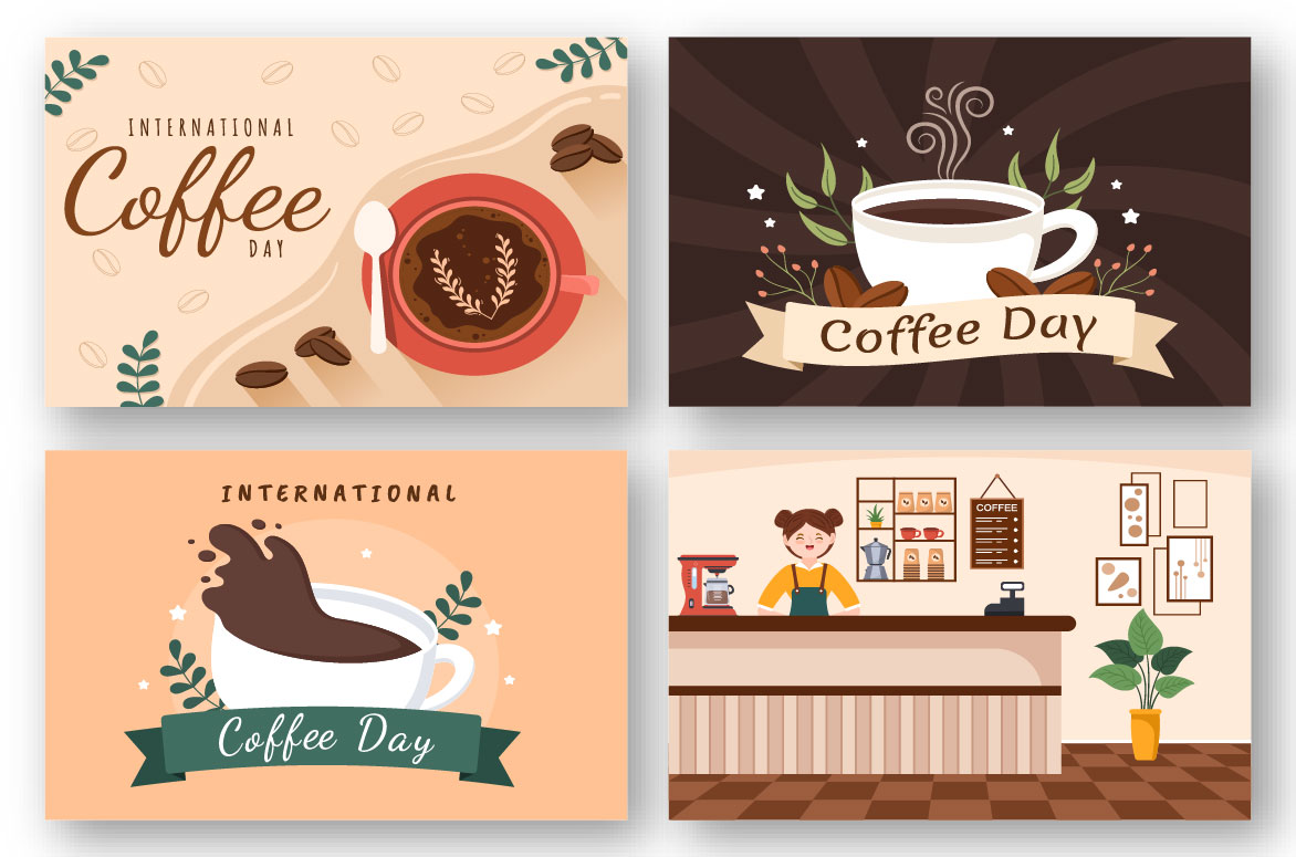 20 International Coffee Day Illustration, images with cups of coffee.