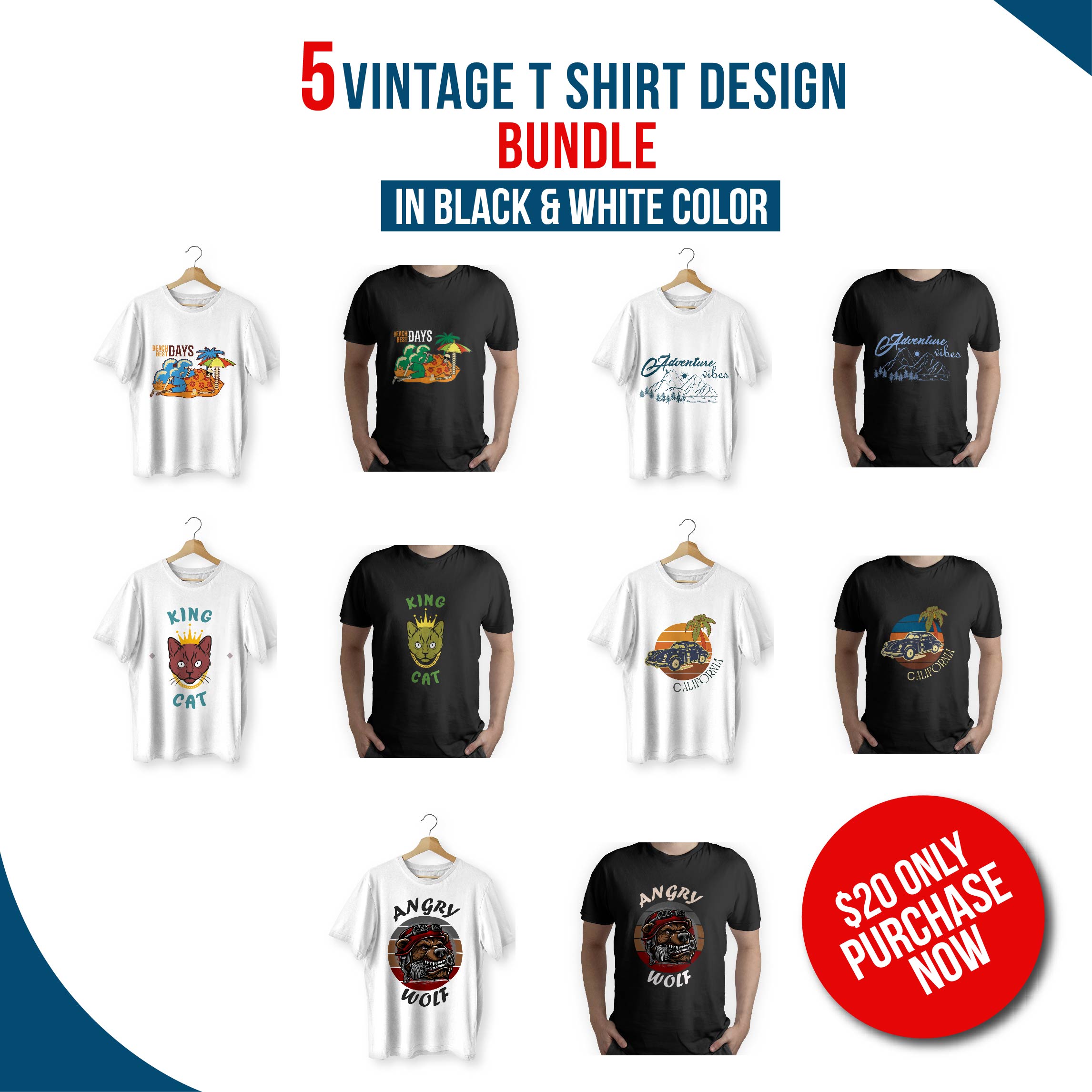 5 Vintage T-Shirt's Design Collection in Just $20 cover image.