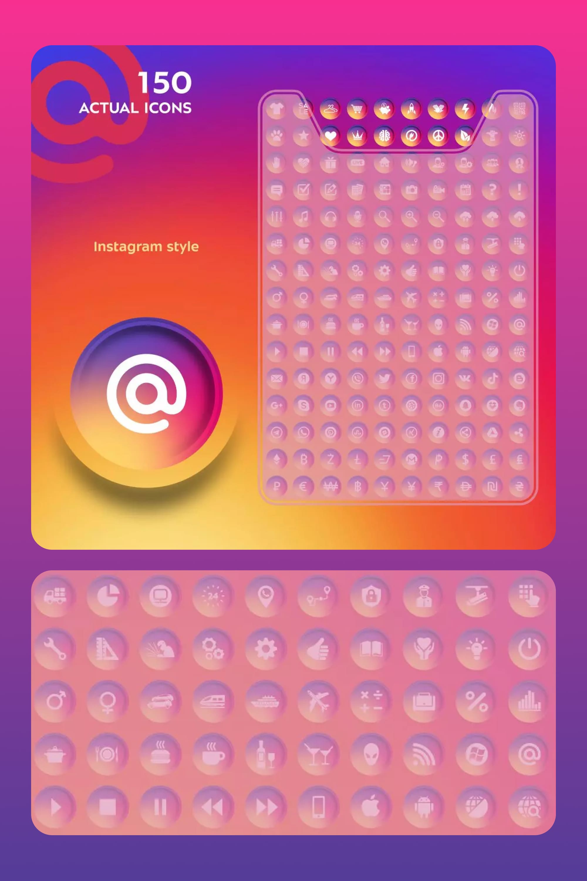Pink small icons on gradient background.