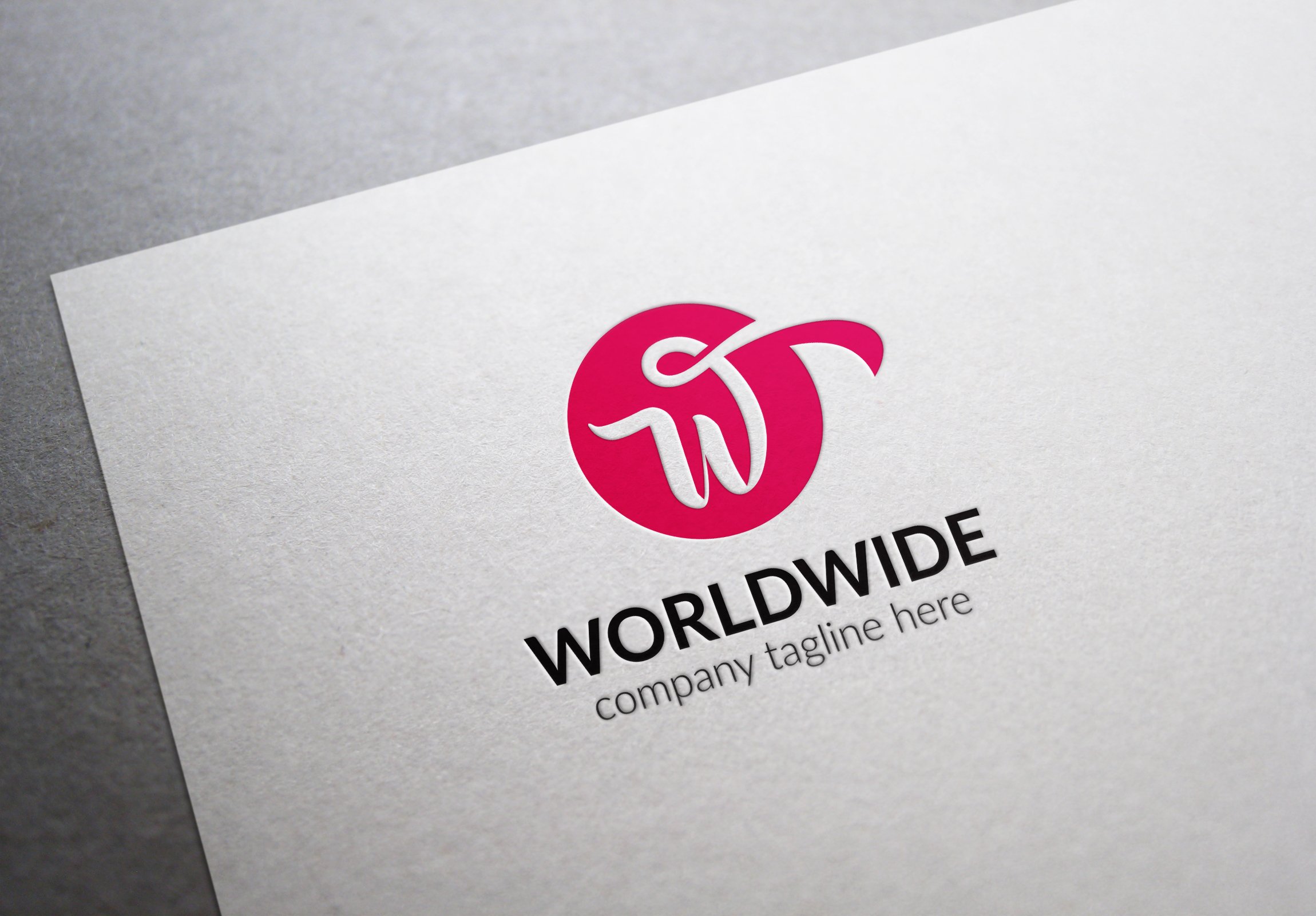 Light grey paper with a pink logo.
