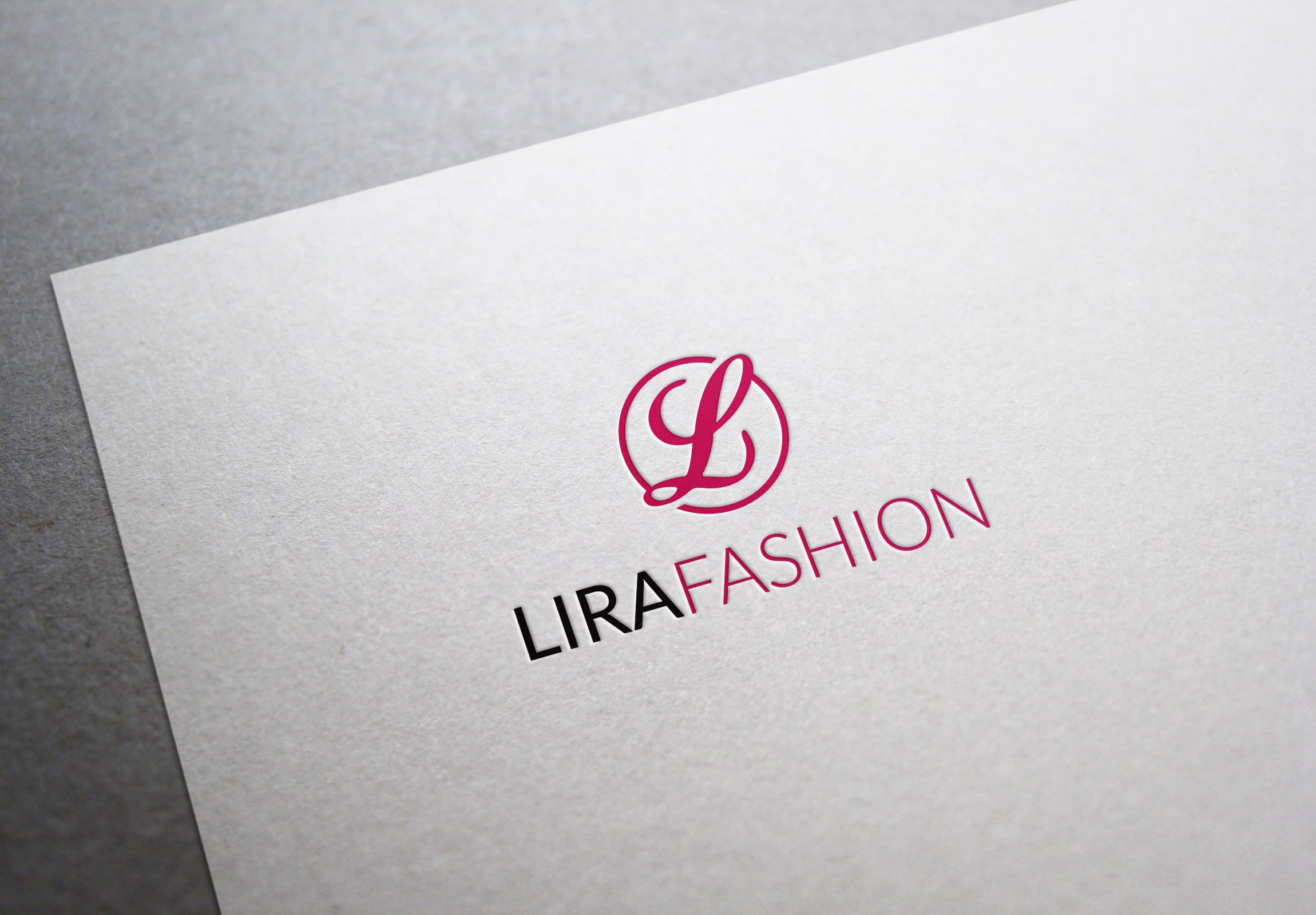 White paper with pink logo and bicolor lettering.