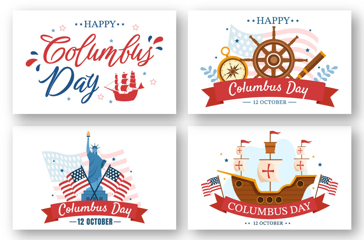 17 Happy Columbus Day National Holiday Illustration, images with ships and wheels.