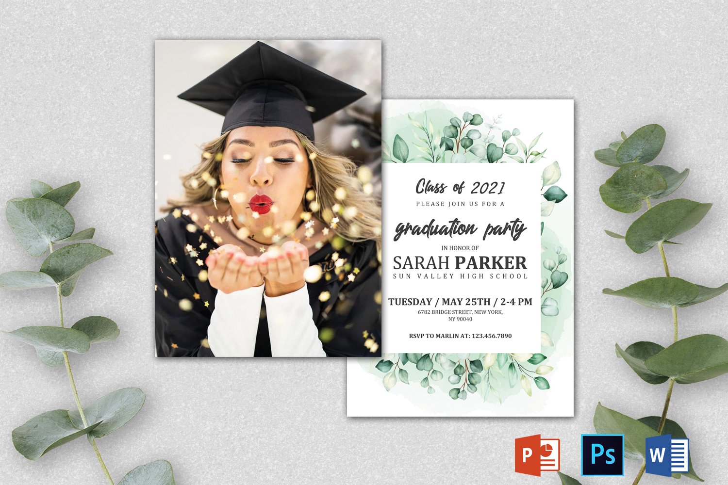 Graduation template with a green frame.