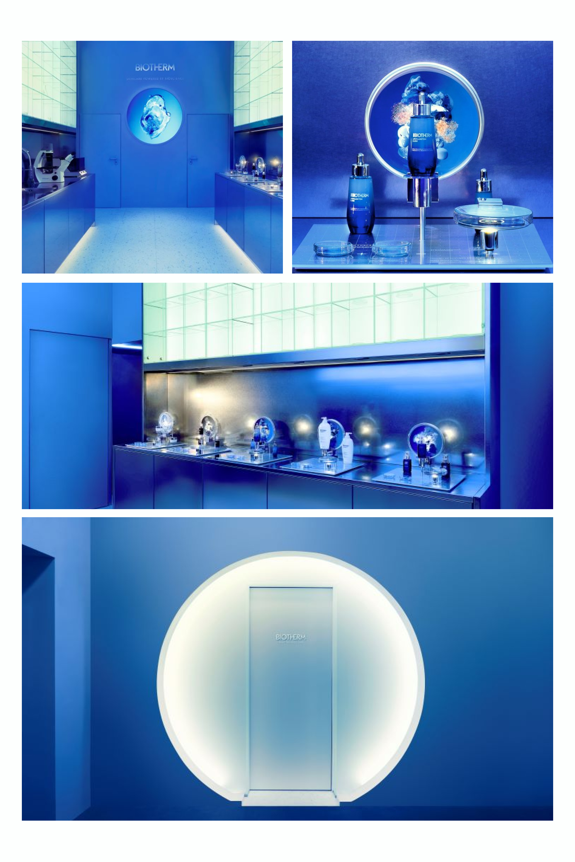 A collage of photographs of rooms illuminated by blue light and with round objects.