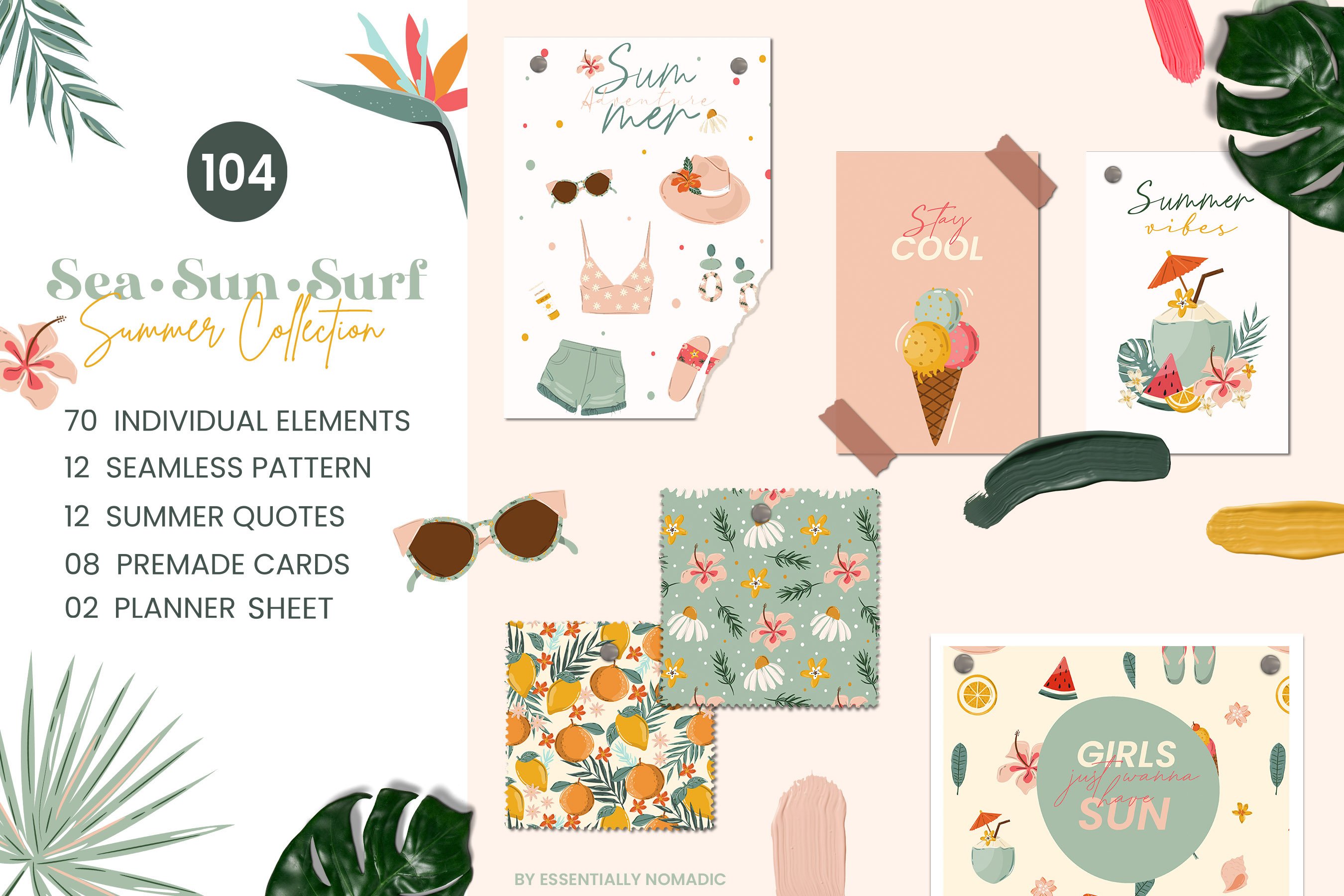 Pastel cards with beach illustrations.