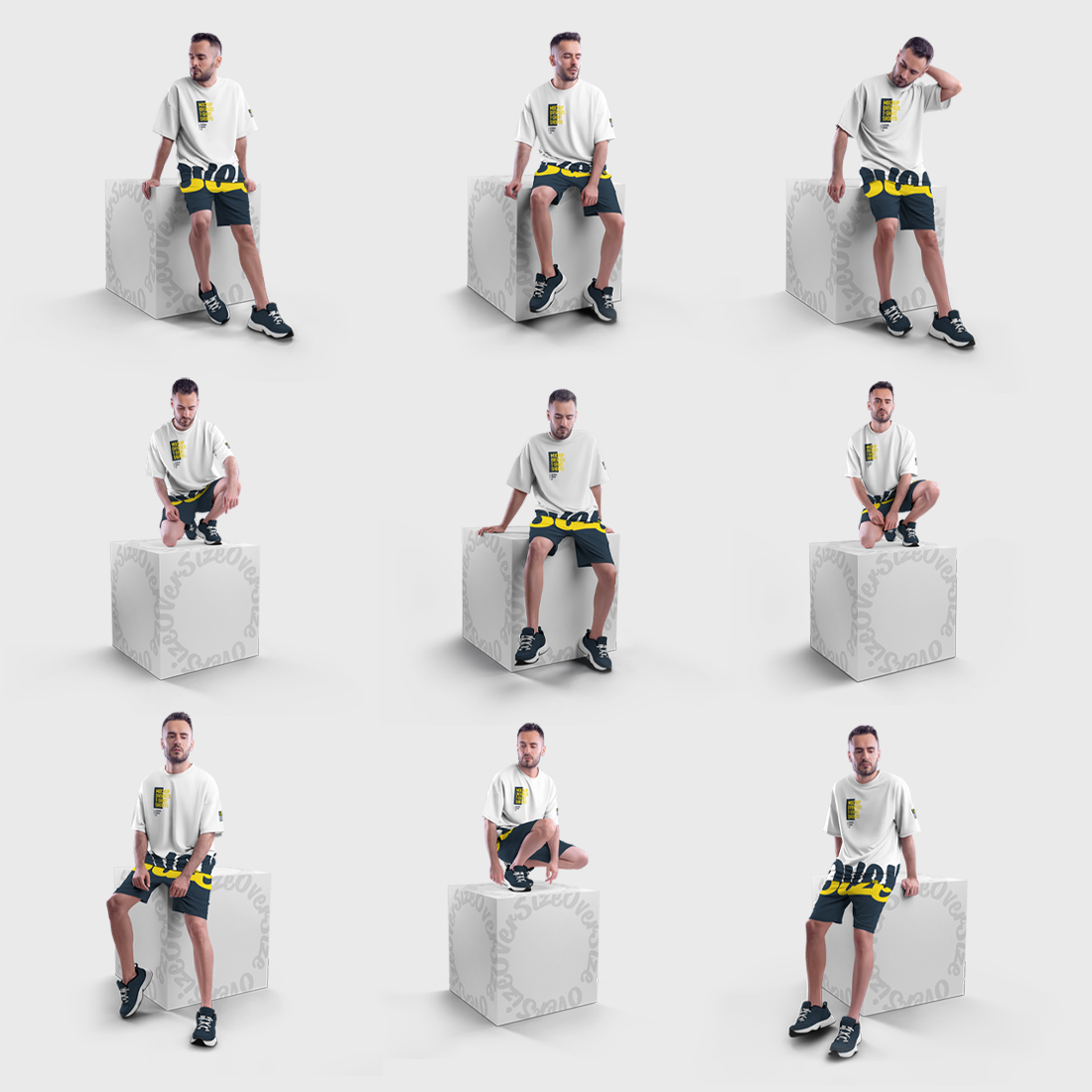 10 Mockups Oversize T-shirt and Shorts Kit on the Cube preview image.