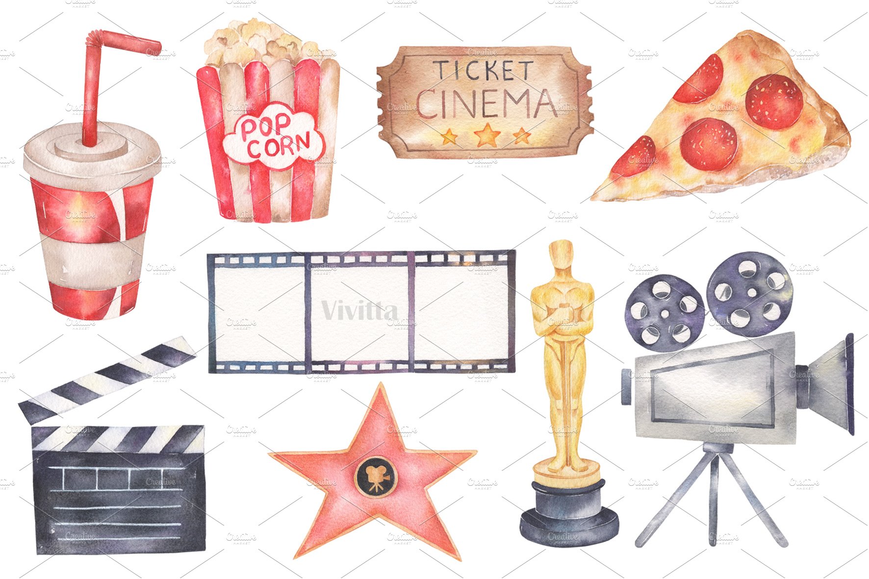 Some watercolor movie items in a vintage style.