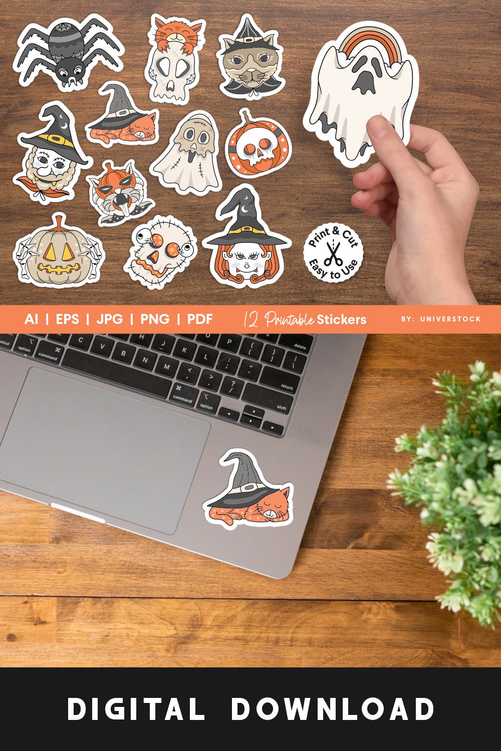 Halloween Printable Stickers for Cricut Bundle pinterest image.