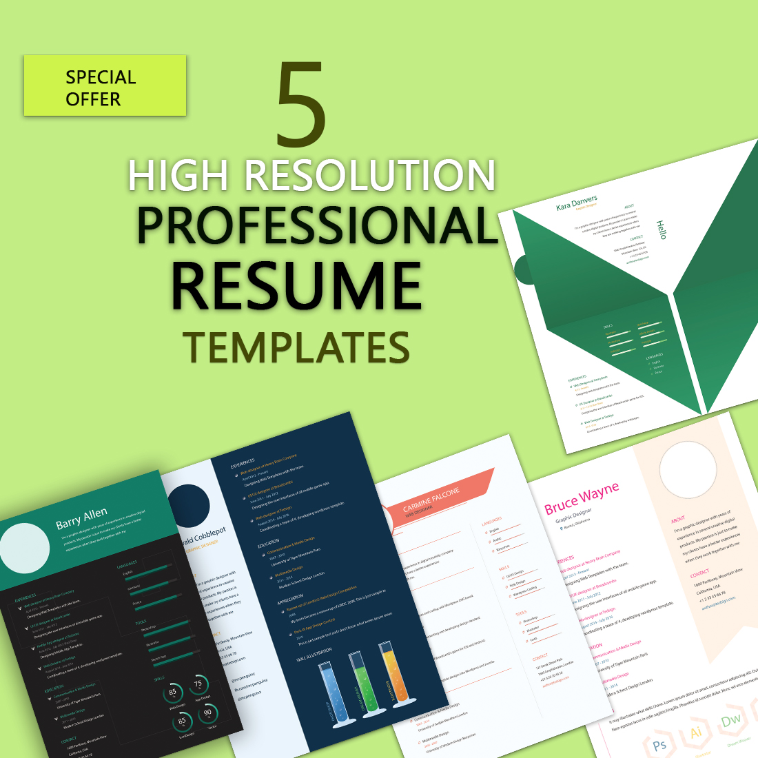 Five professional resume templates with a green background.