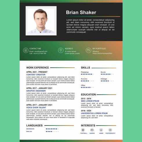 Professional resume template with a green background.