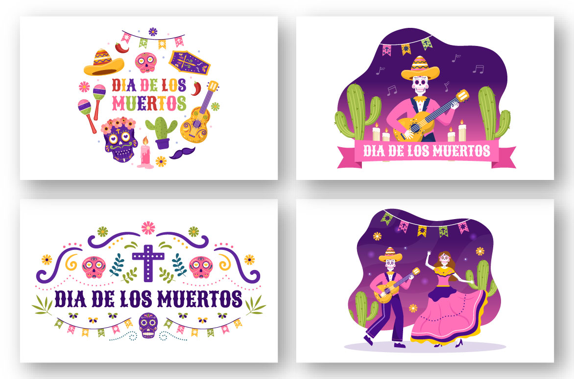 10 Dia De Los Muertos or Day of the Dead Illustration Light Style Examples.