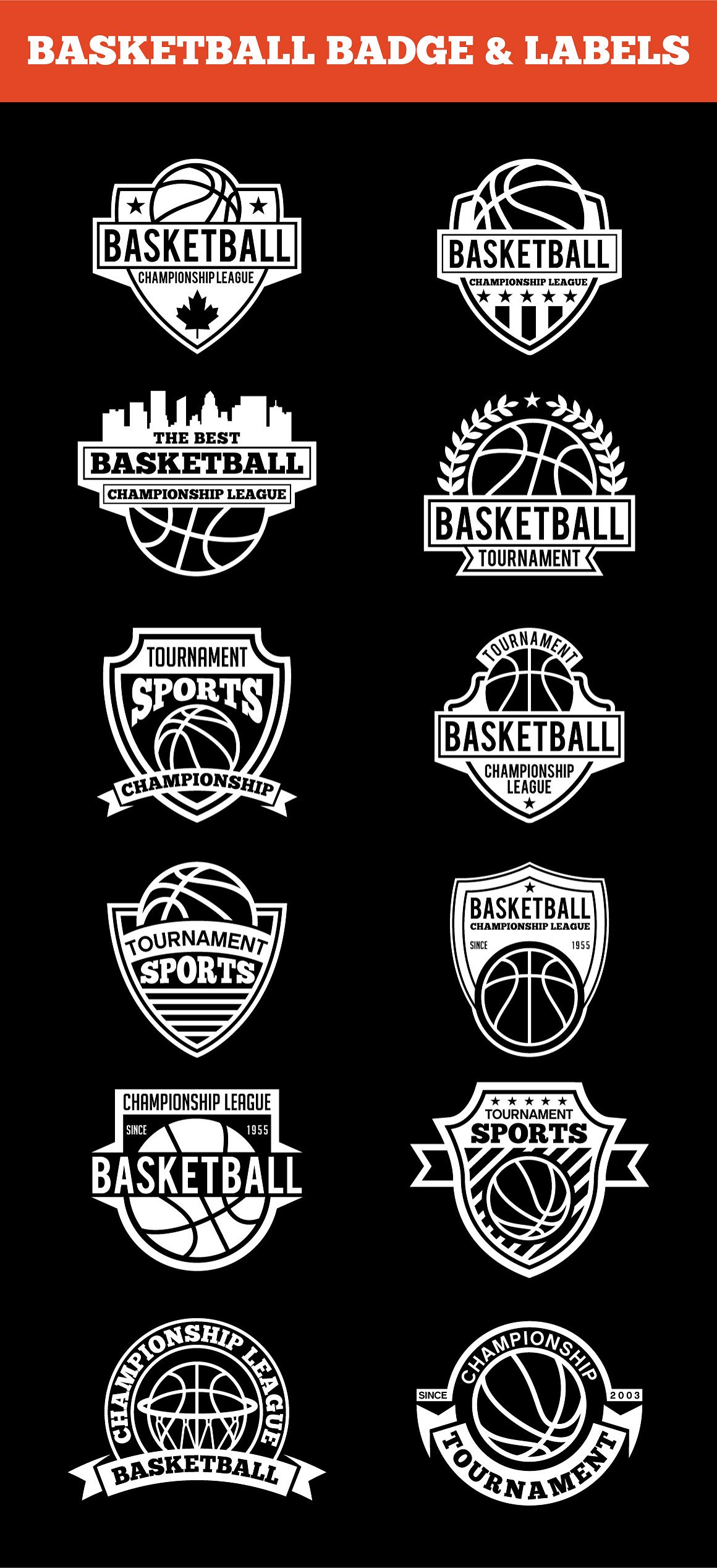 Black background with white sport logos.