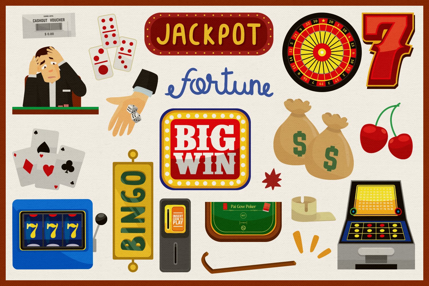 Vector hand drawn collection with casino objects, elements and symbols set.