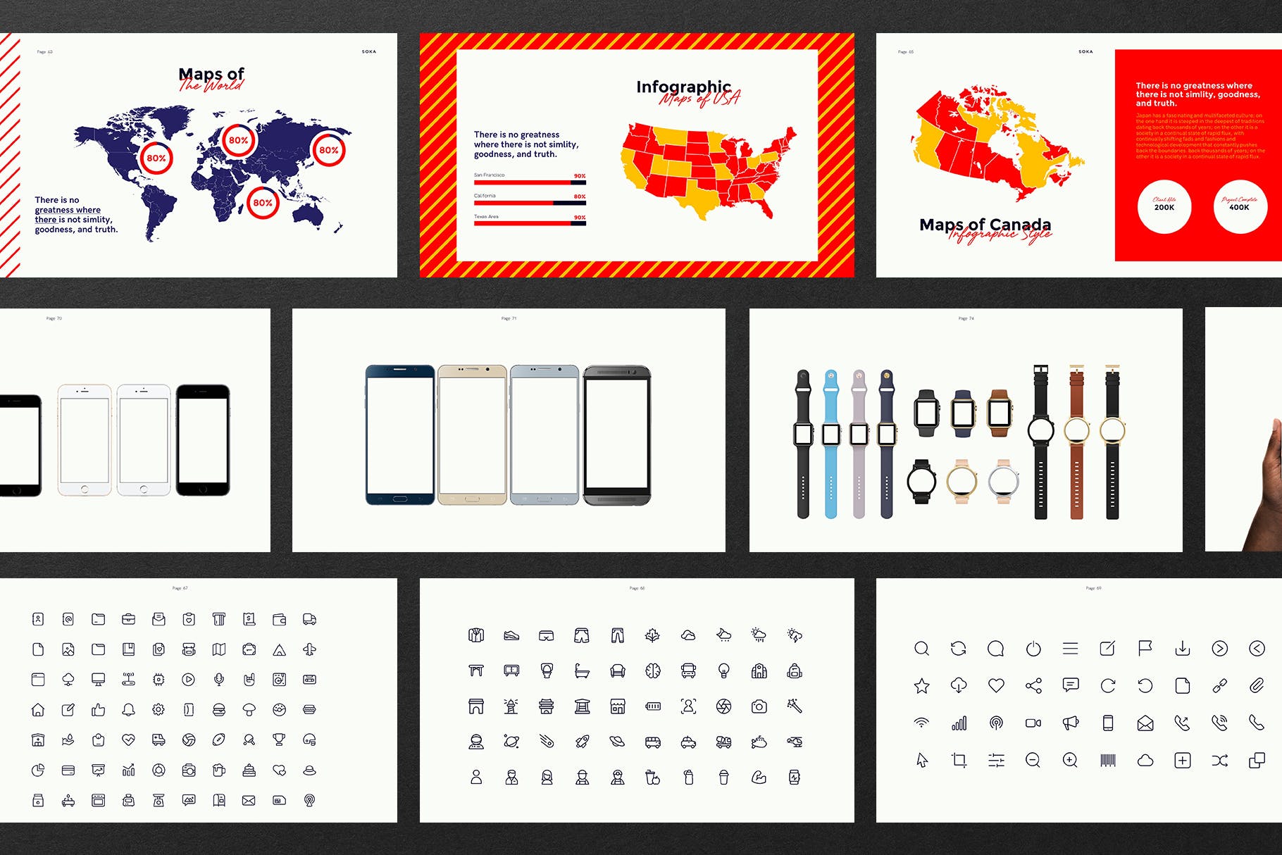 Slides with maps, icons and mockups.