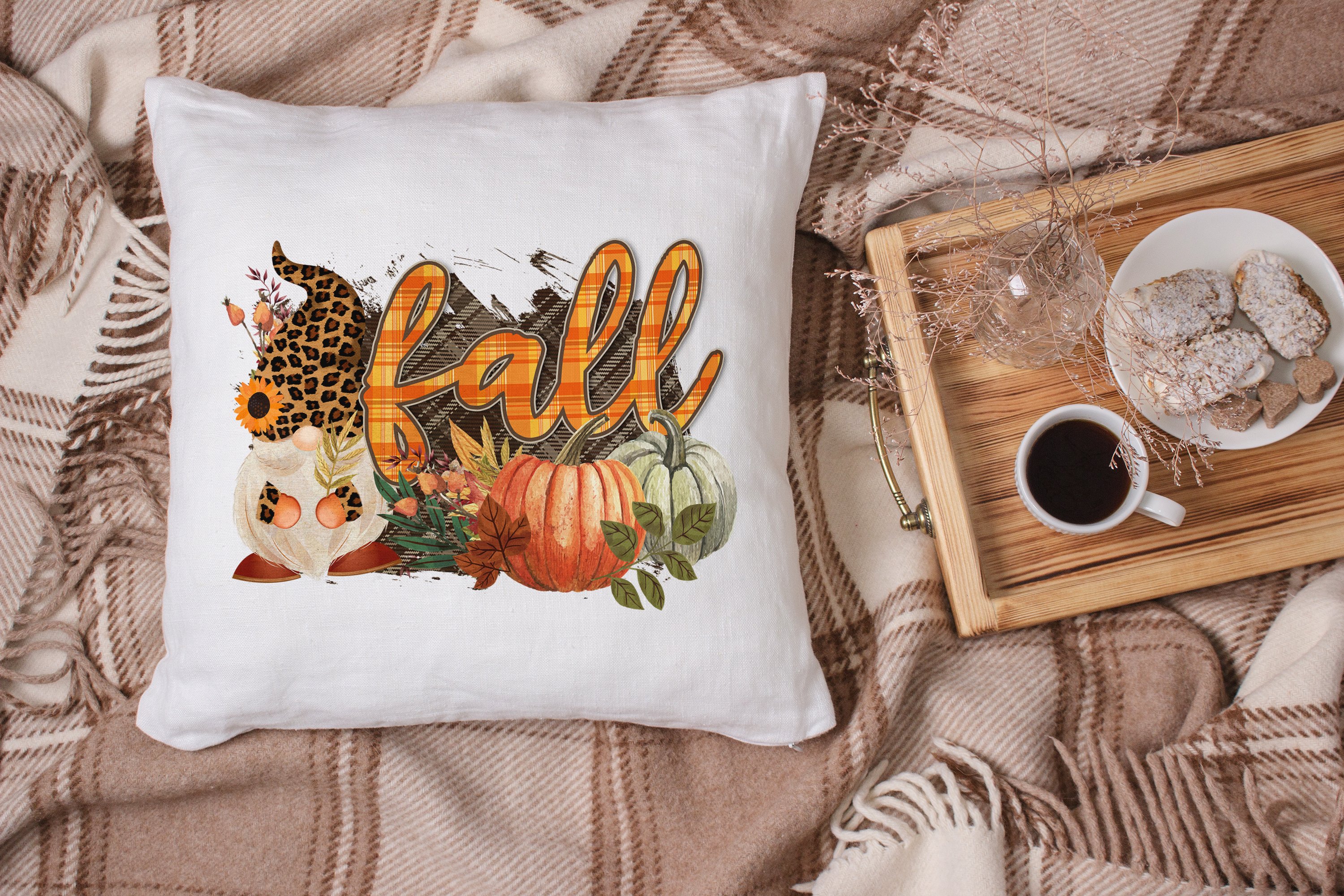 Decorate white pillow with autumn illustration.