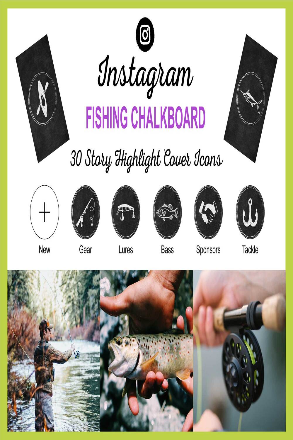 Instagram Fishing ChalkBoard (35 Story Highlight Covers Icons) pinterest image.