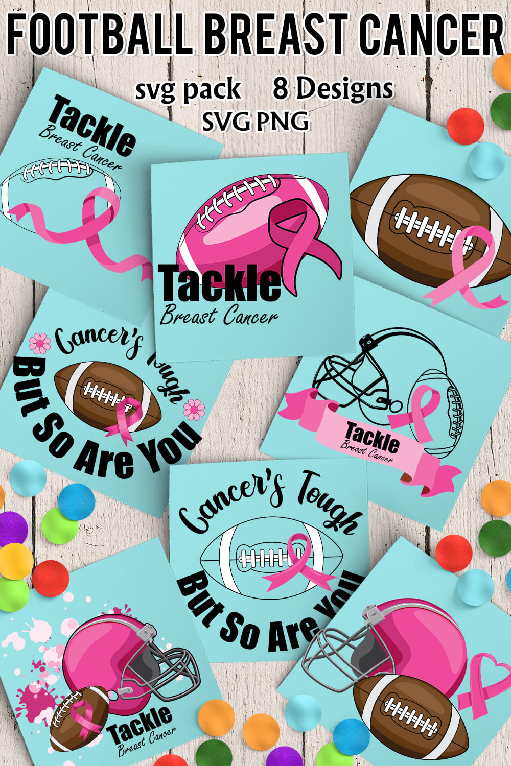 Bright stickers with football breast cancer illustrations.