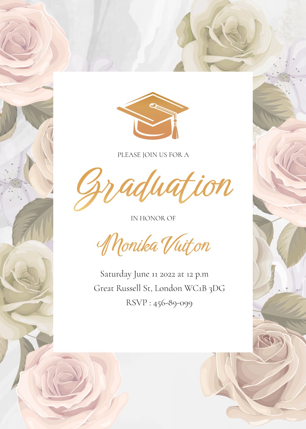 Graduation invite template with blossom flowers.