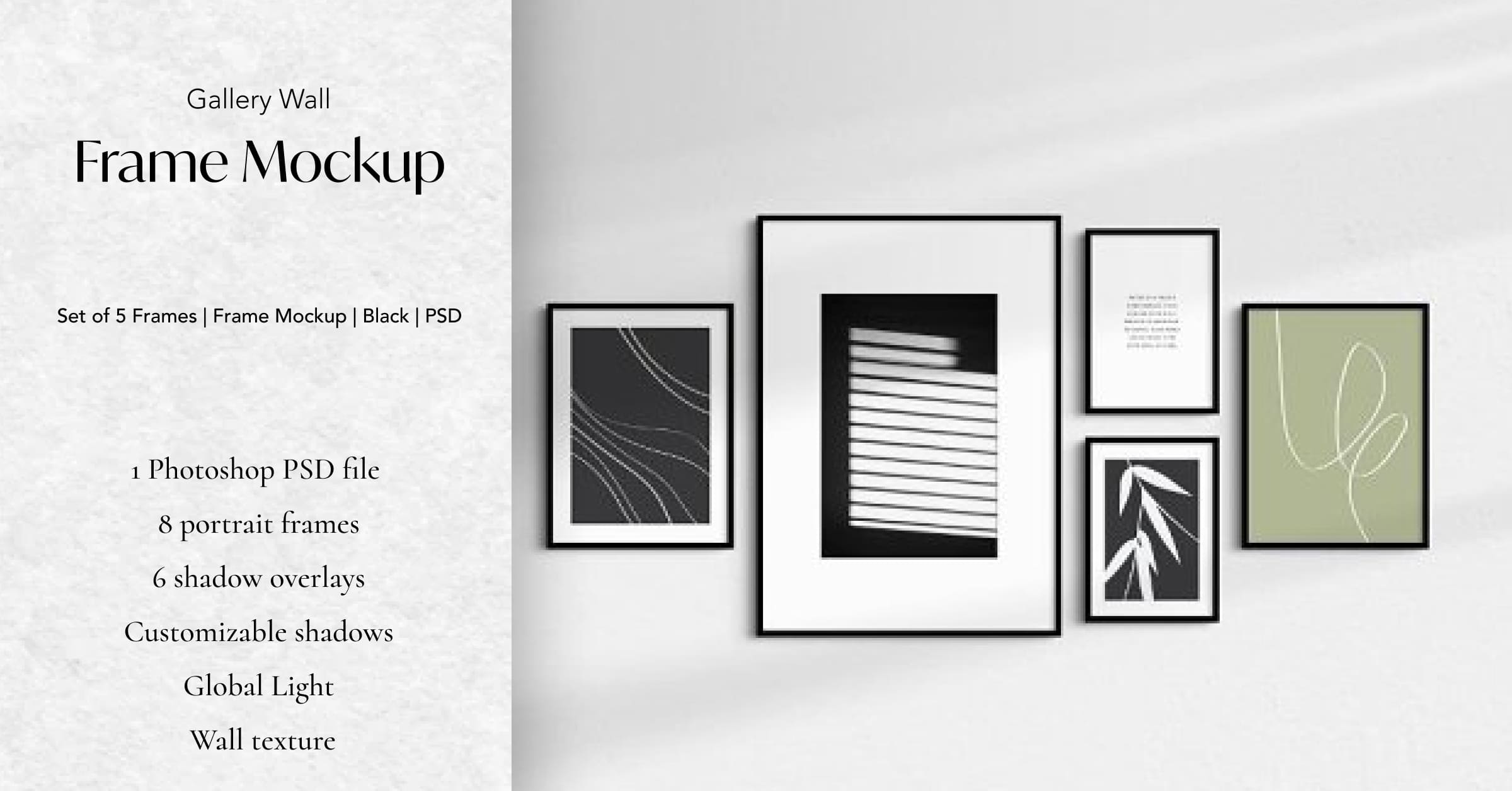 Gallery Wall Mockup, 5 Frames