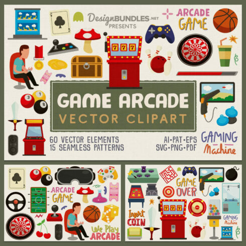Game Arcade Vector Clipart and Seamless Pattern - main image preview.