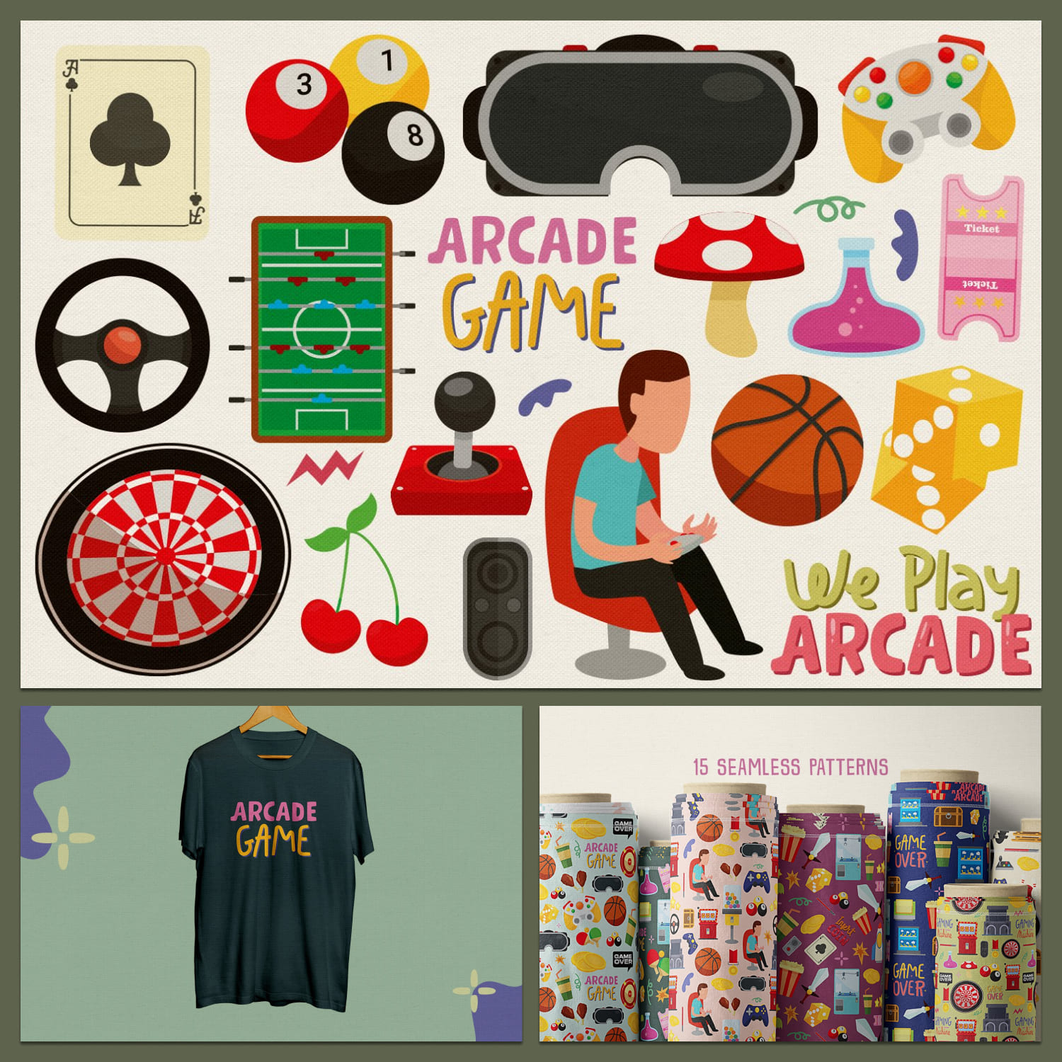 Game Arcade Vector Clipart and Seamless Pattern created by plusstore.