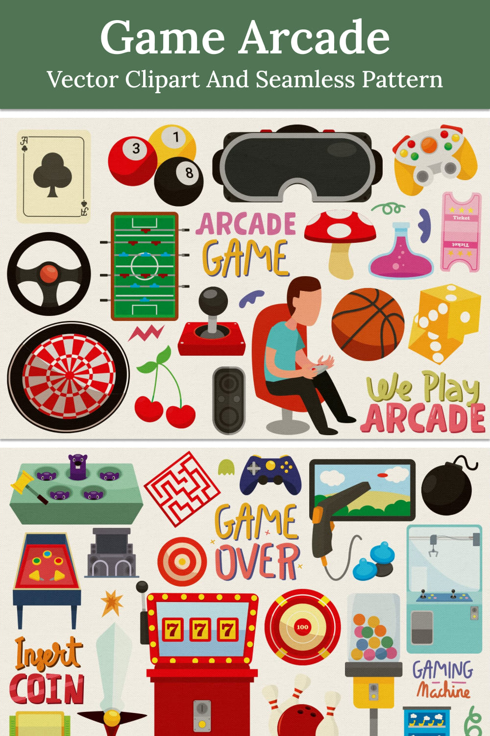 Game Arcade Vector Clipart and Seamless Pattern - pinterest image preview.