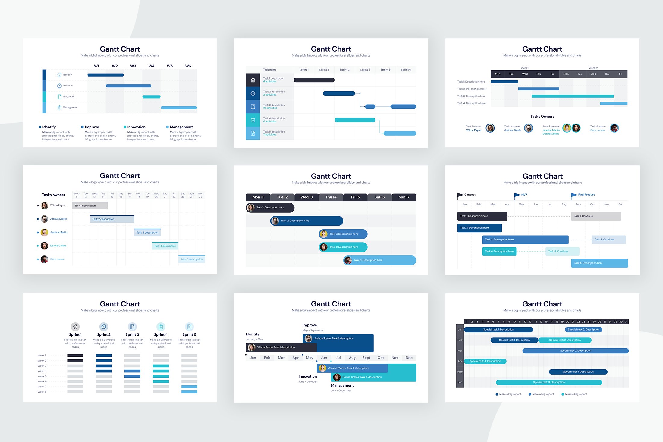 Delicate blue charts and infographics.