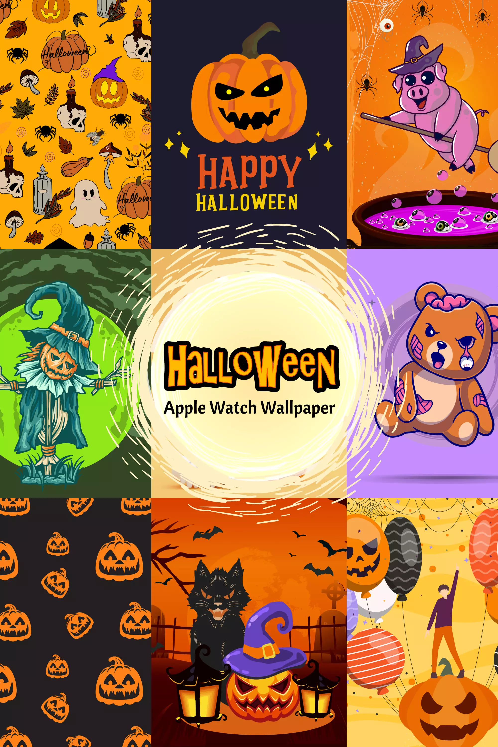 Collage with scary and funny multicolored Halloween apple watch wallpapers.
