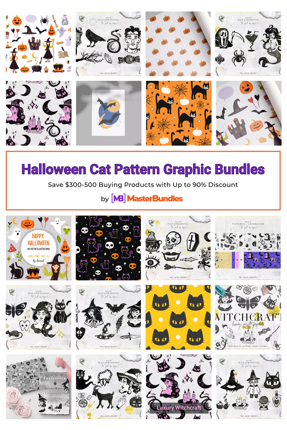 Halloween Cat Pattern Graphic Bundle for Pinterest.