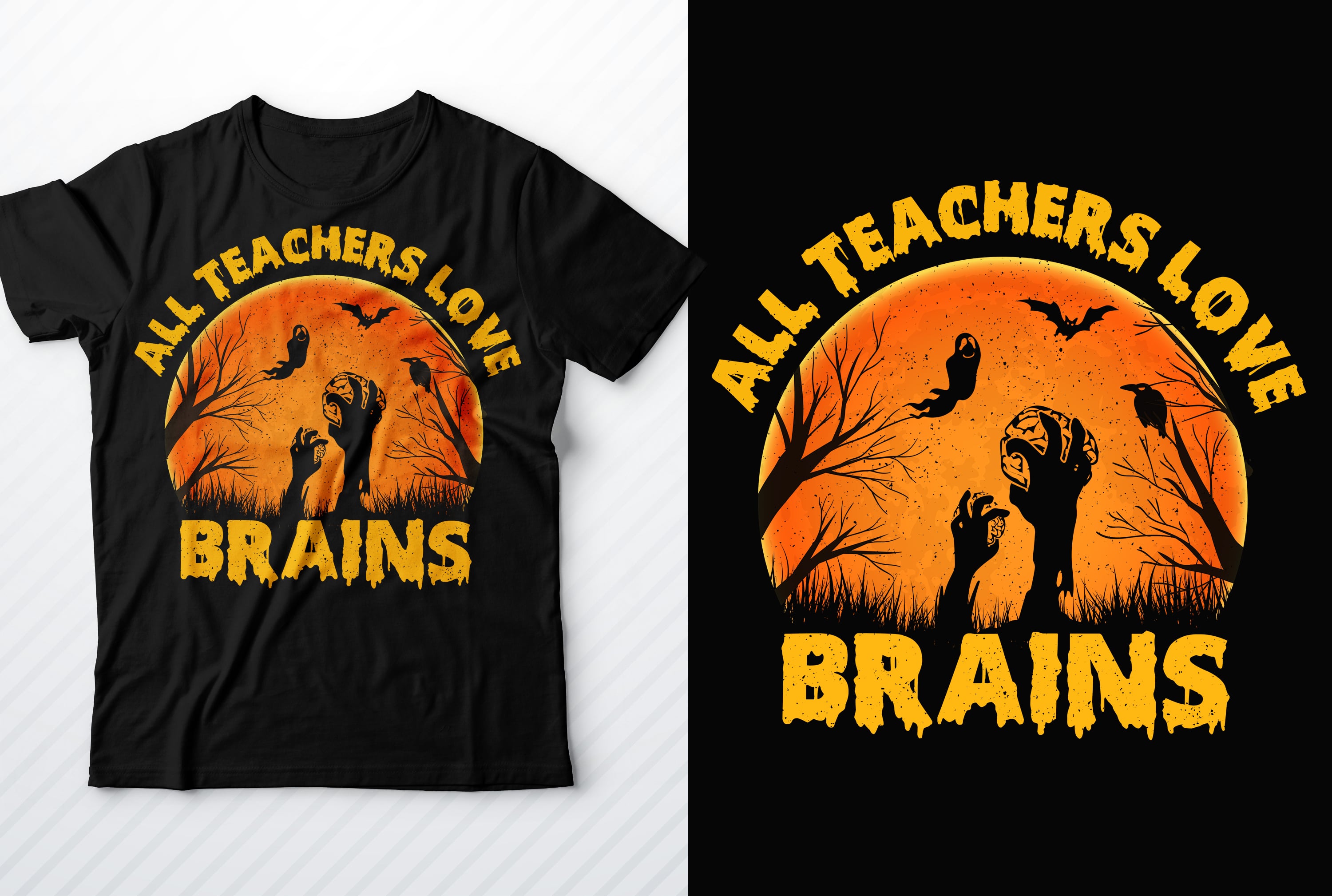 20 Halloween T-shirt Design Bundle, all teachers love brains design.