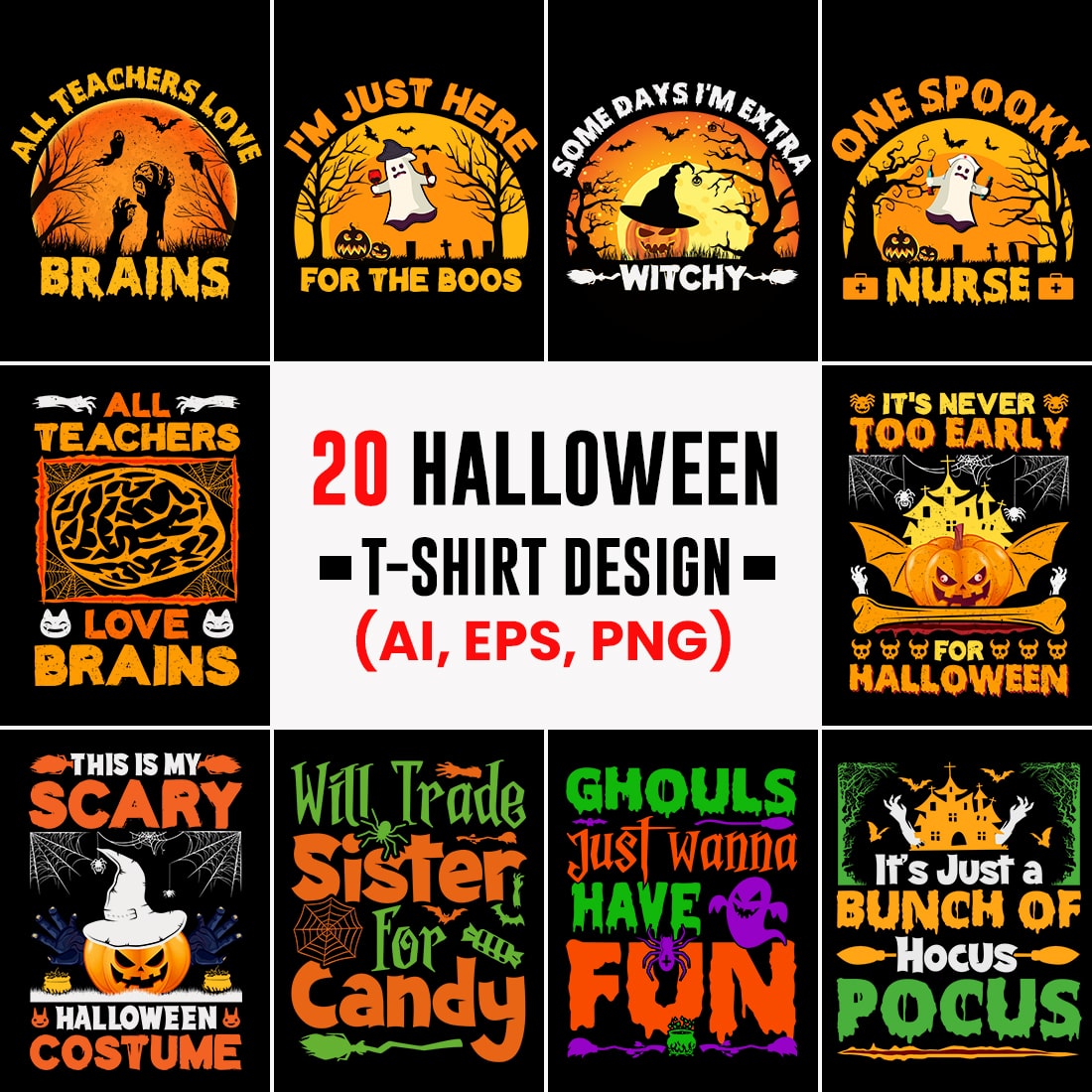 20 Halloween T-shirt Design Bundle cover image.