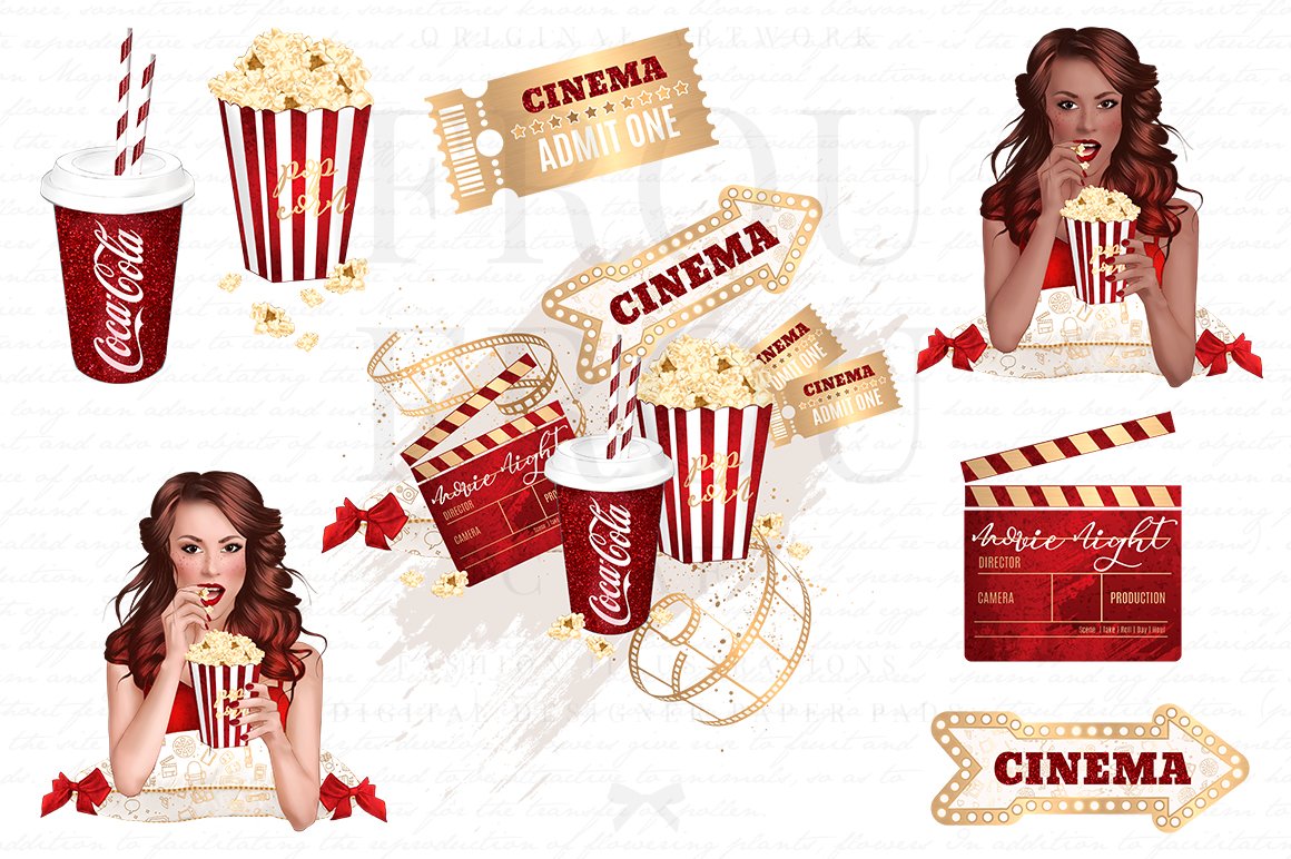 Cool red movie illustrations woth gold elements. in a hand drawn style.