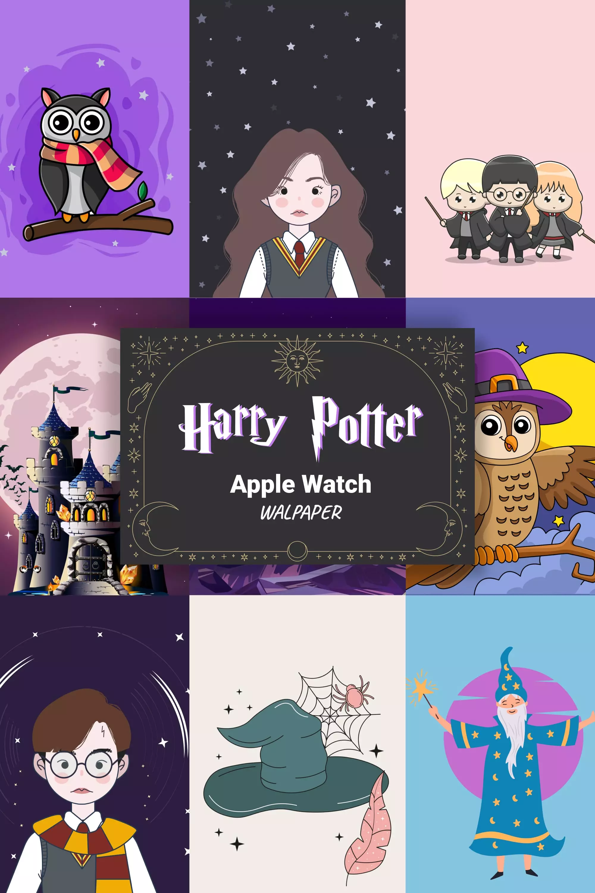 Collage with drawn Harry Potter themed images.